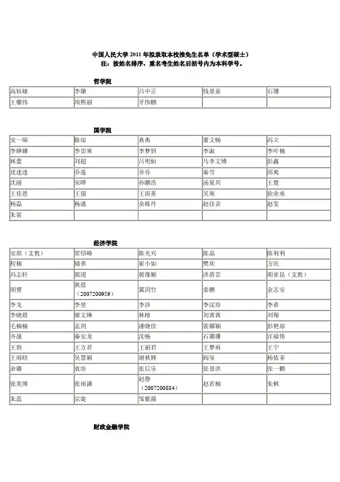 中国人民大学2011年拟录取本校推免生名单(学术型硕士)