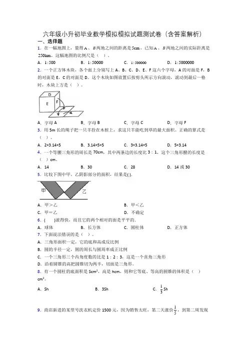 六年级小升初毕业数学模拟模拟试题测试卷(含答案解析)