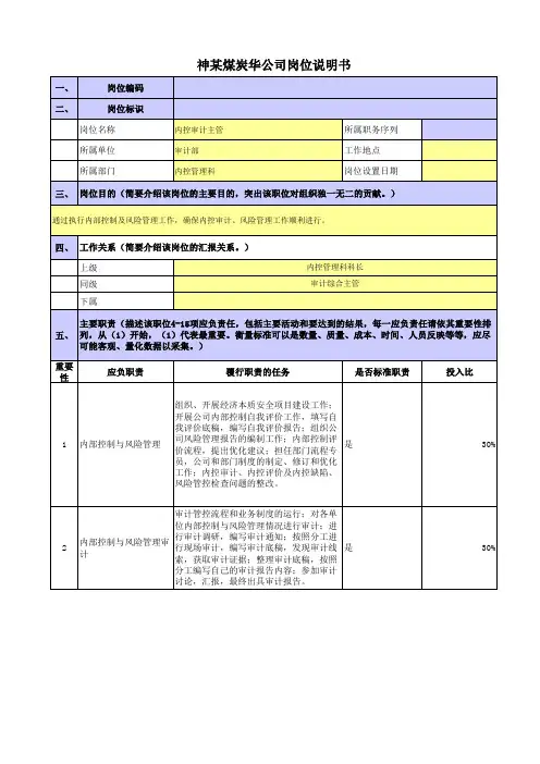 某央企煤炭集团岗位职责梳理表审计部-内控管理科-内控审计主管