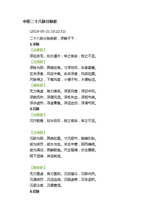中医二十八脉分脉歌