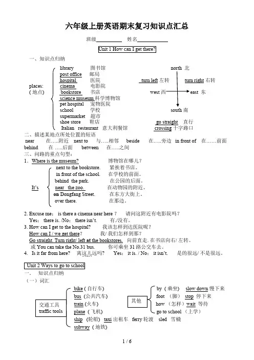 六年级上册英语期末复习知识点汇总