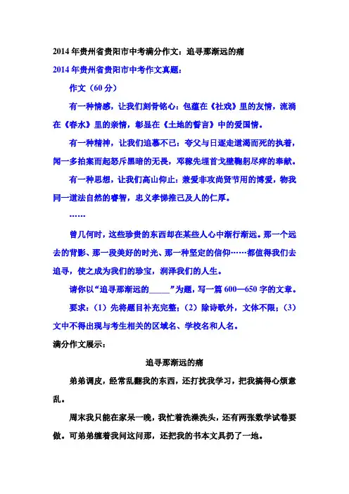 2014年贵州省贵阳市中考满分作文：追寻那渐远的痛