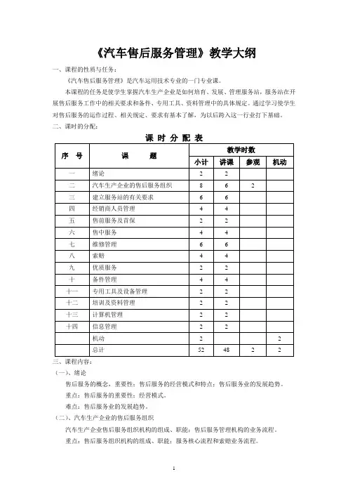 汽车售后服务管理教学大纲