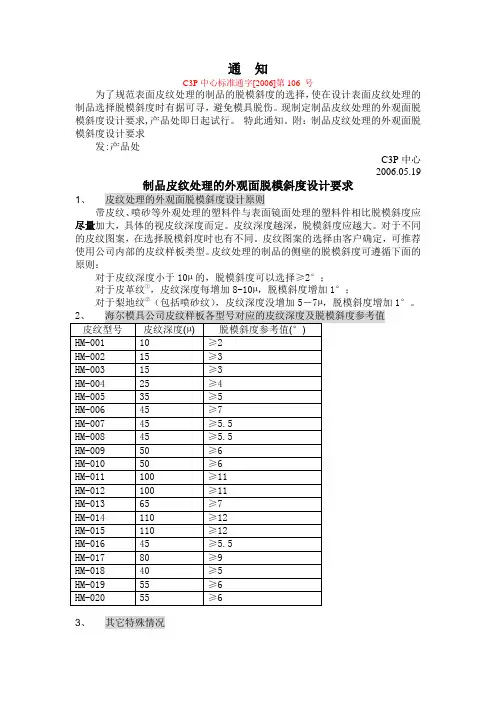 产品外观面皮纹表面脱模斜度的设计要求