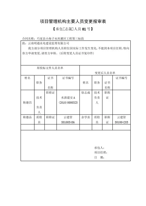 项目管理机构主要人员变更报审表