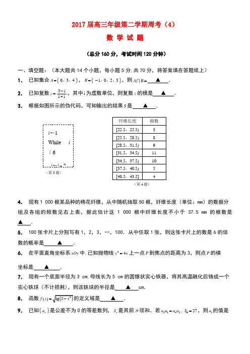 江苏省连云港市赣榆区高三数学下学期周考4(无答案)