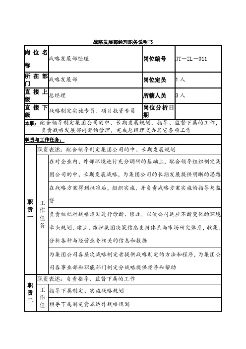 战略发展部经理岗位说明书