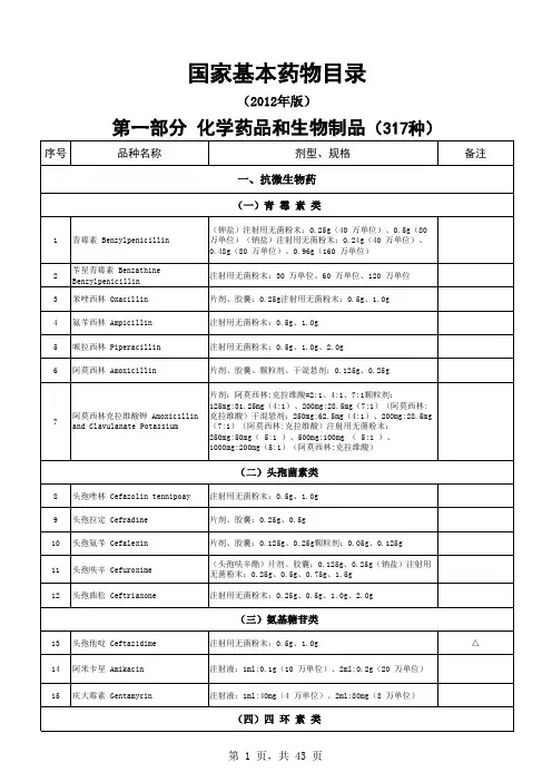 最新卫生部2012年国家基本药物目录完整版