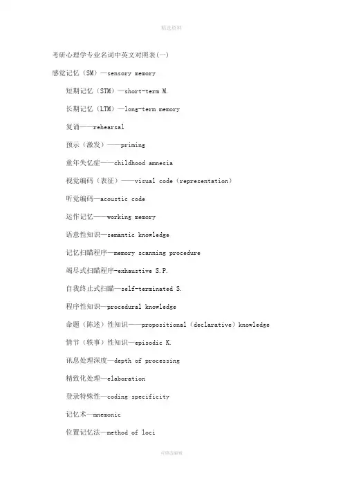 考研心理学专业名词中英文对照表