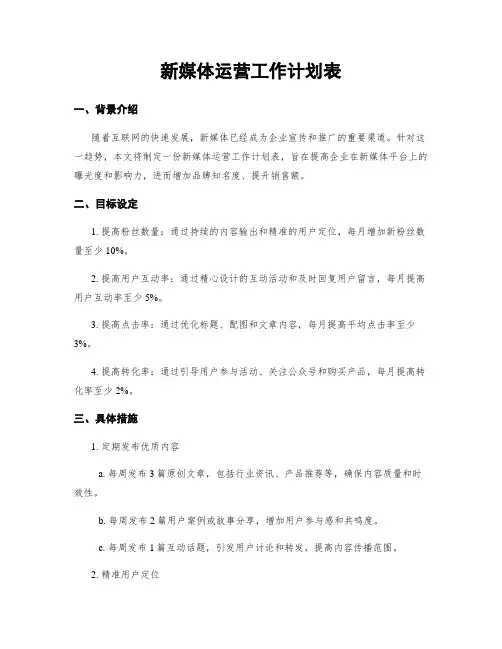新媒体运营工作计划表