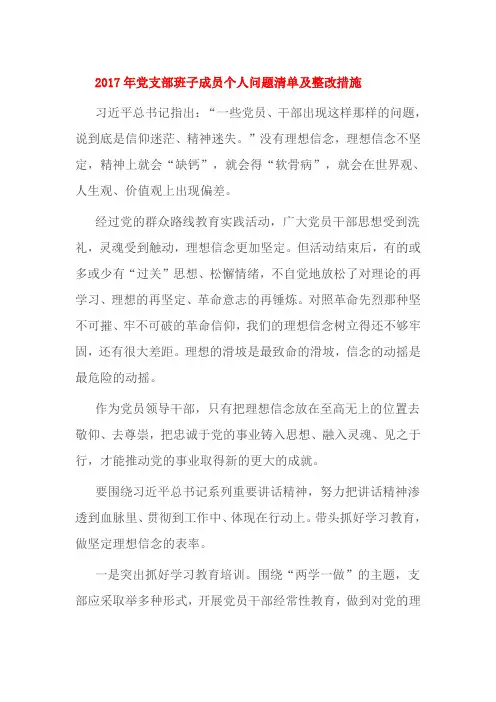 2017年党支部班子成员个人问题清单及整改措施