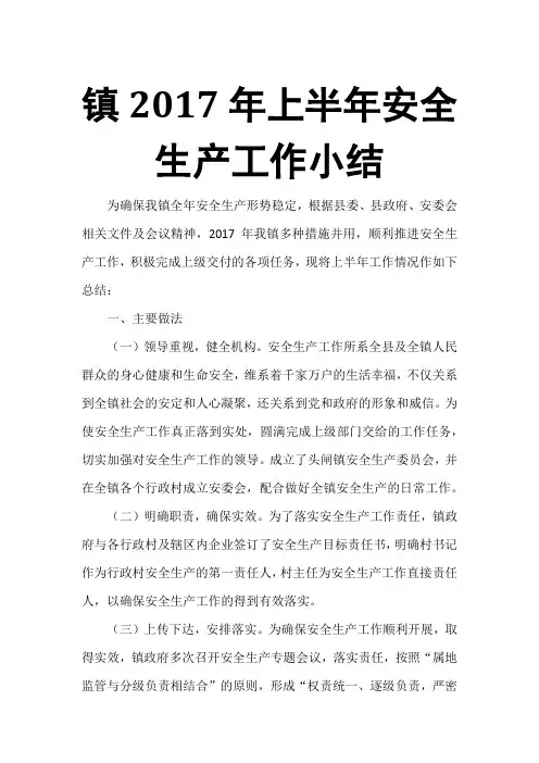 镇2017年上半年安全生产工作小结