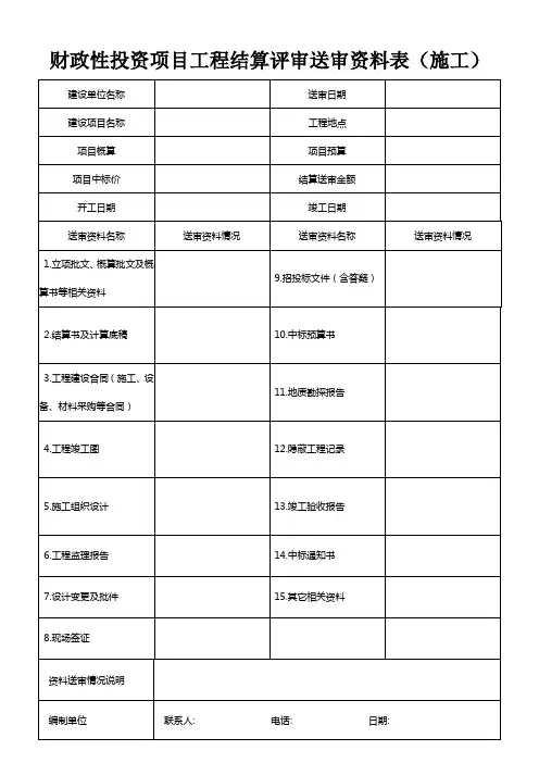 财政性投资项目工程结算评审送审资料表