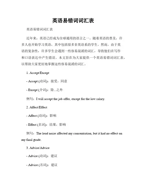  英语易错词词汇表