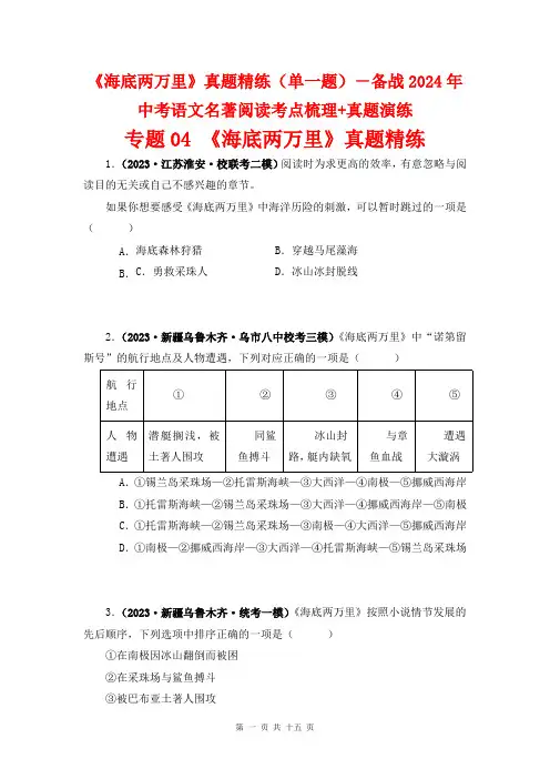 《海底两万里》真题精练(单一题)-备战2024年中考语文名著阅读考点梳理+真题演练(原卷版)