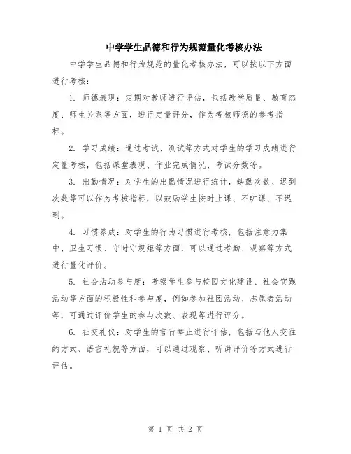 中学学生品德和行为规范量化考核办法