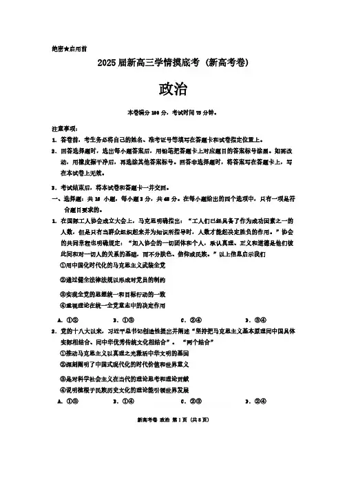 2024-2025学年新高三学情摸底考(新高考卷)政治试题