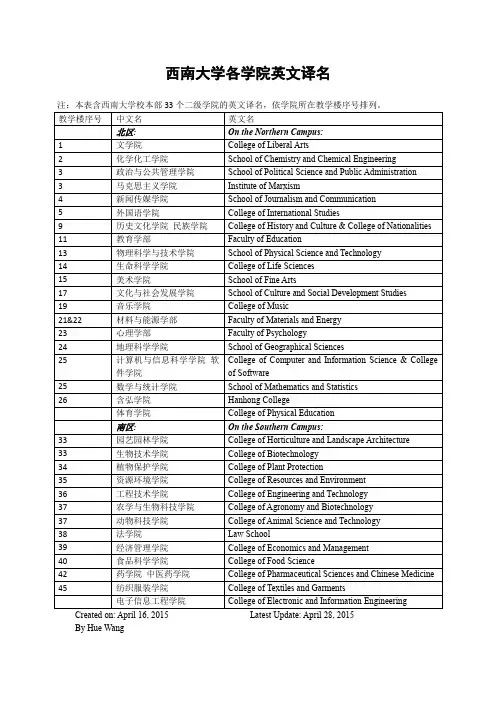 西南大学各学院英文译名