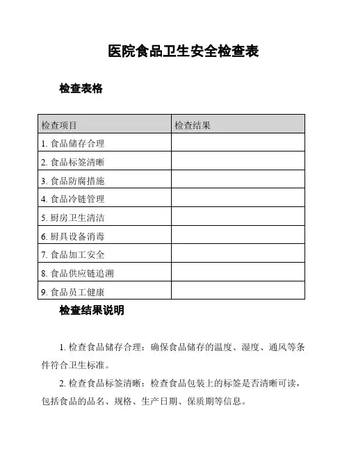 医院食品卫生安全检查表