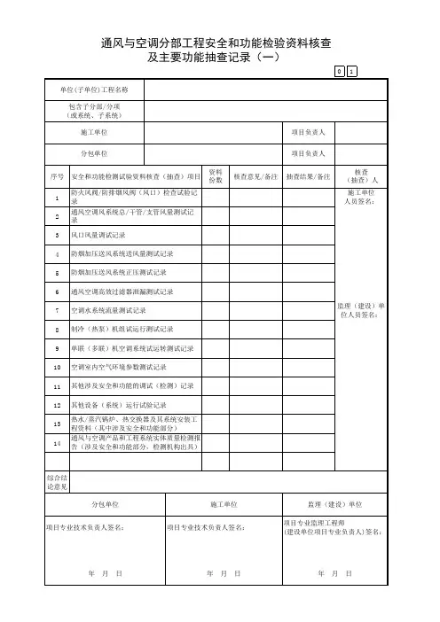 广东省建筑工程统一用表(2017版)通风与空调分部工程安全和功能检验资料核查及主要功能抽查记录(一)