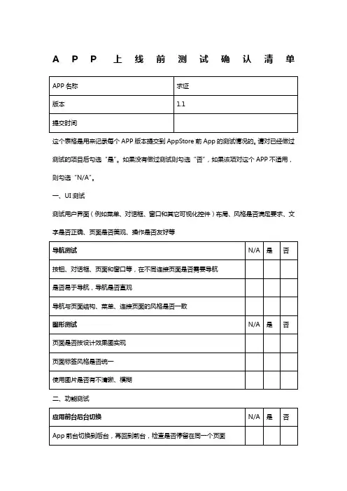APP上线前测试确认清单 表格