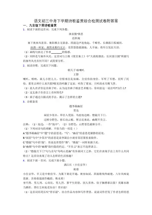 语文初三中考下学期诗歌鉴赏综合检测试卷附答案