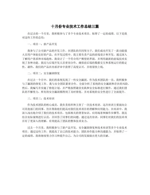 十月份专业技术工作总结三篇