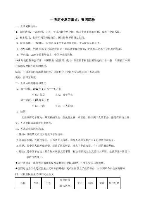 中考历史复习重点：五四运动