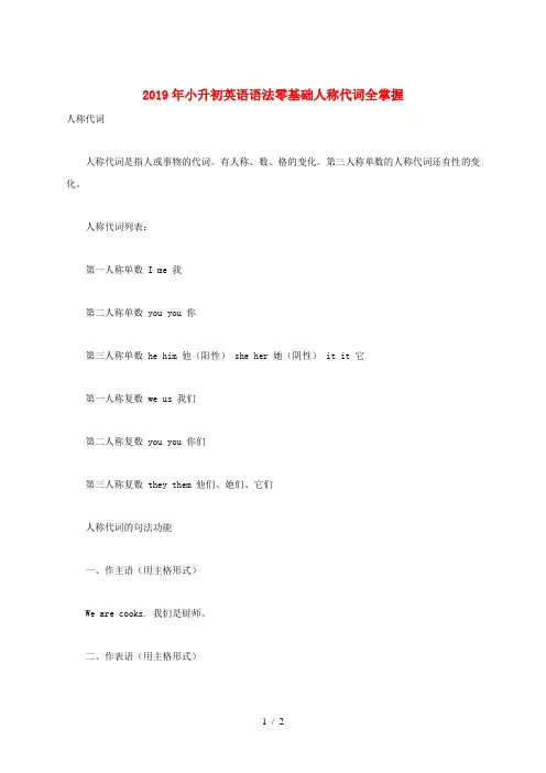 2019年小升初英语语法零基础人称代词全掌握