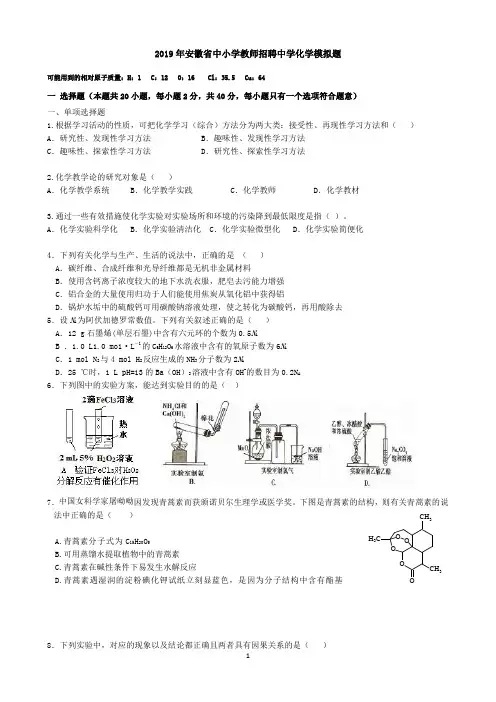 2020年安徽省中小学教师招聘中学化学模拟题