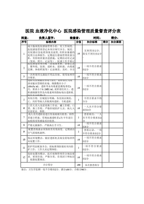 医院 血液净化中心  医院感染管理质量督查评分表