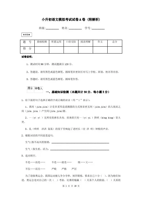 小升初语文模拟考试试卷A卷 (附解析)