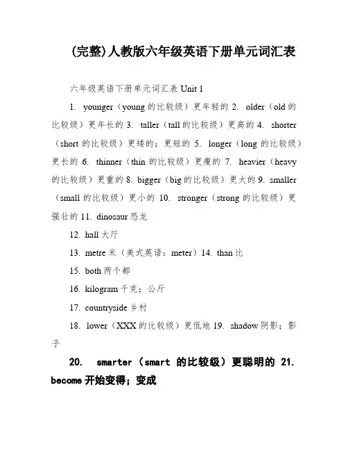 (完整)人教版六年级英语下册单元词汇表