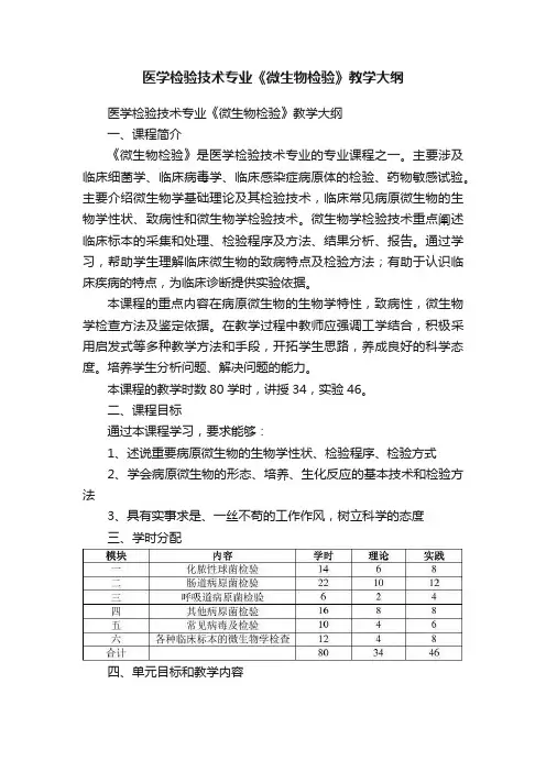 医学检验技术专业《微生物检验》教学大纲