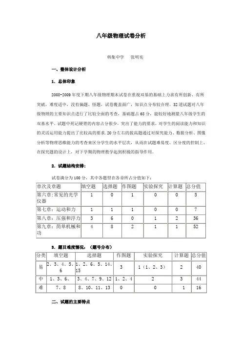 2008-2009八年级物理下学期试卷分析