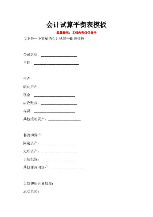会计试算平衡表模板