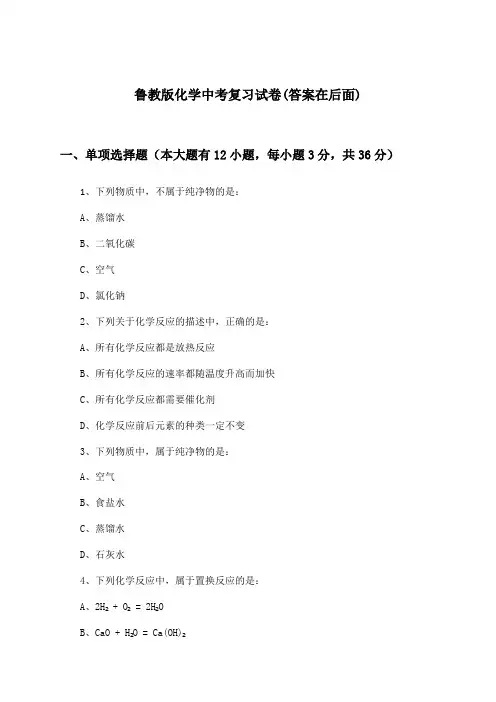 鲁教版中考化学试卷及解答参考