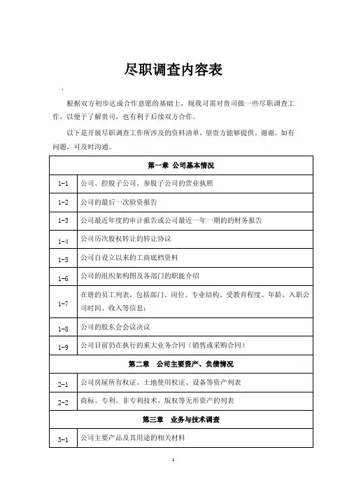 尽职调查内容提纲表
