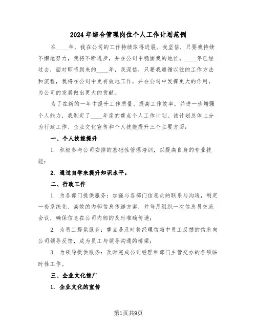 2024年综合管理岗位个人工作计划范例（五篇）