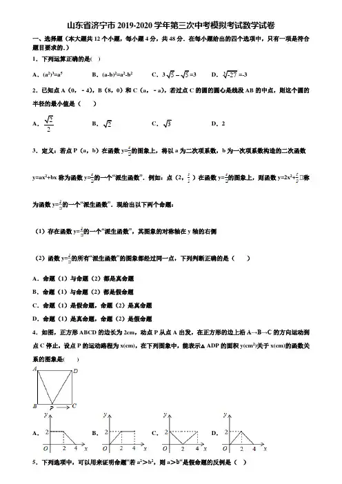 山东省济宁市2019-2020学年第三次中考模拟考试数学试卷含解析
