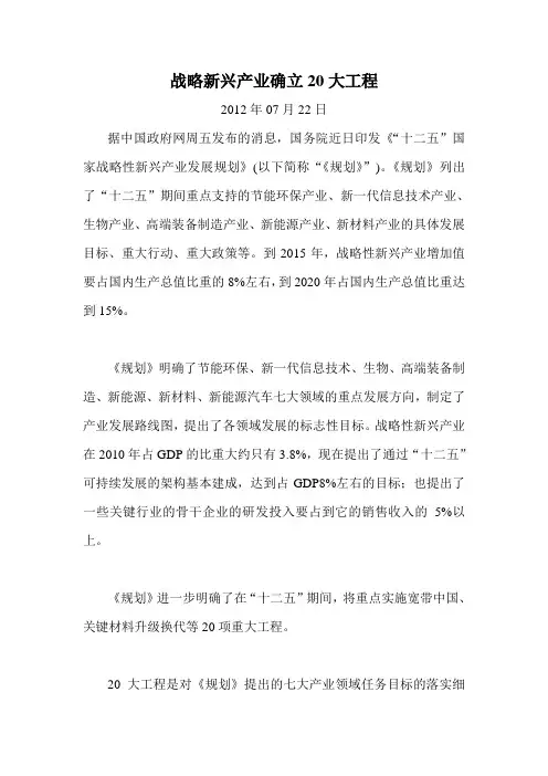 战略新兴产业确立20大工程