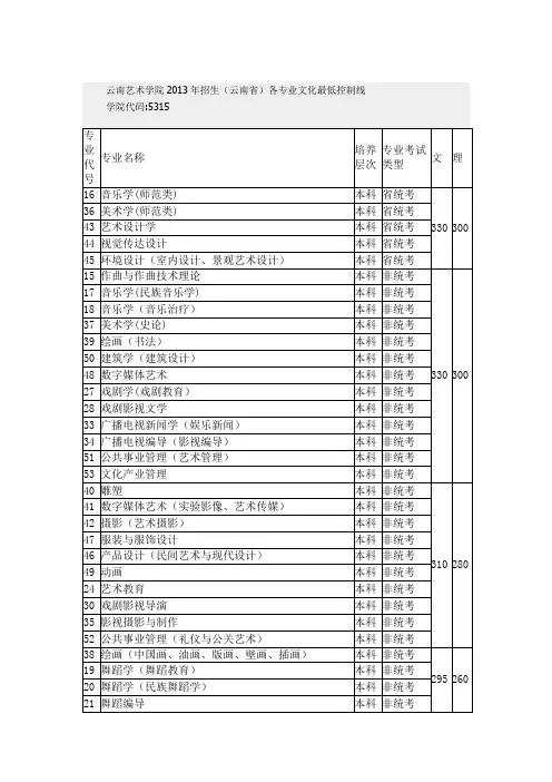 云南艺术学院2013年文化录取分数线招生