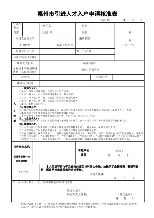 惠州市引进人才入户申请核准表