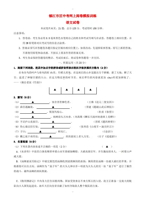 2019-2020学年江苏省镇江市区中考语文网上阅卷模拟训练试题
