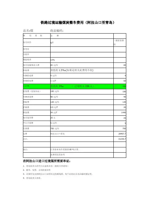 铁路过境运输煤炭整车费用
