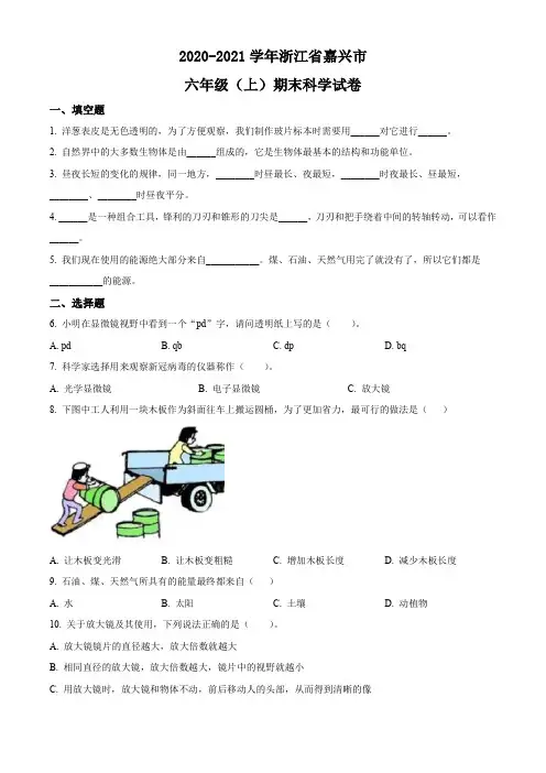 浙江省嘉兴市教科版六年级上册期末考试科学试卷(原卷版)