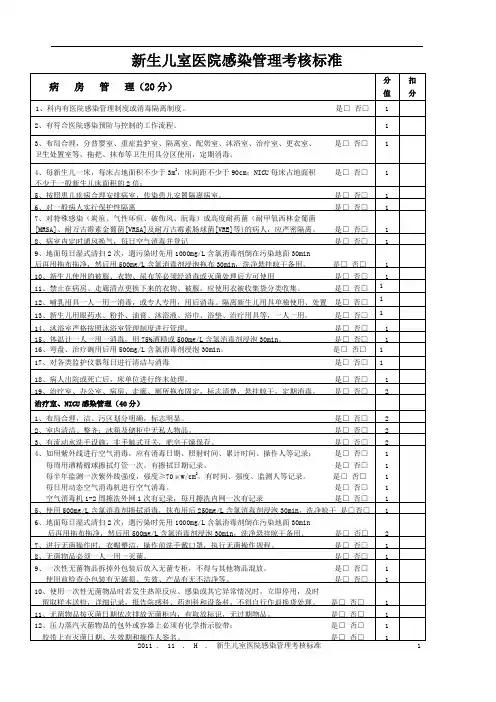 新生儿病房医院感染管理质量检查考核标准