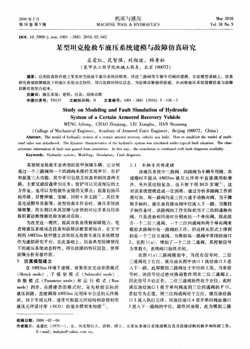 某型坦克抢救车液压系统建模与故障仿真研究