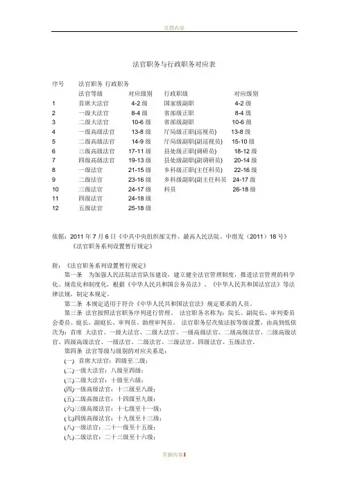 法官职务与行政职务对应表