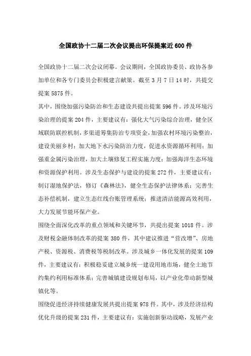 全国政协十二届二次会议提出环保提案近600件